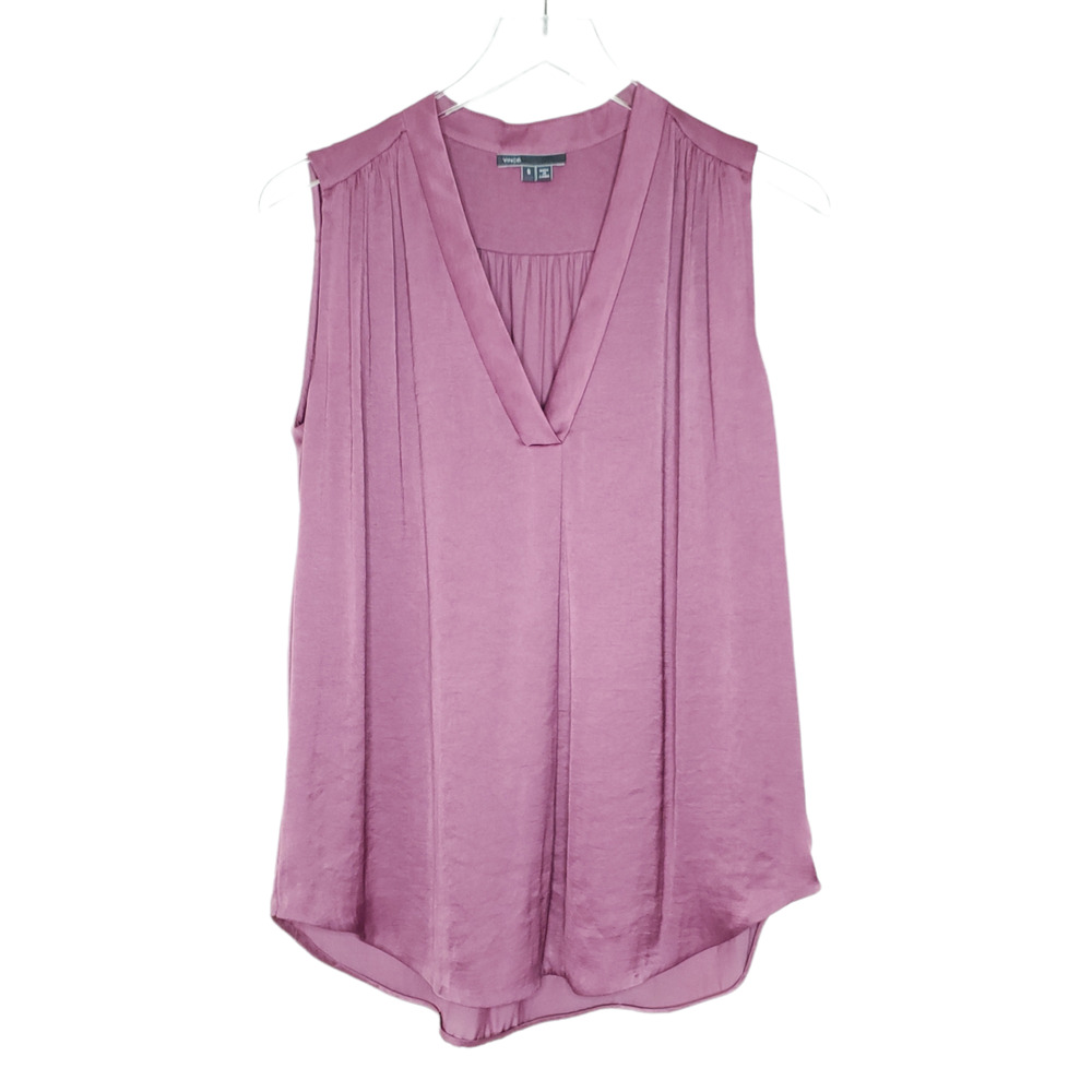 Vince Shirred Shoulder Blouse S Pink Sleeveless Baggy V-Neck Preppy